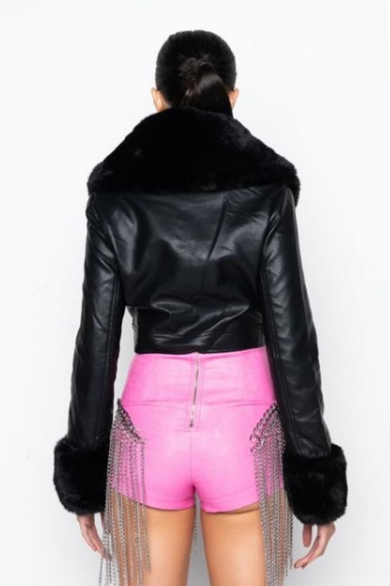 Crop biker jacket with fur