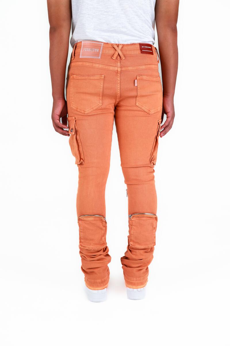 "NEVER LOOK BACK" SALMON CARGO FLARE STACK DENIM