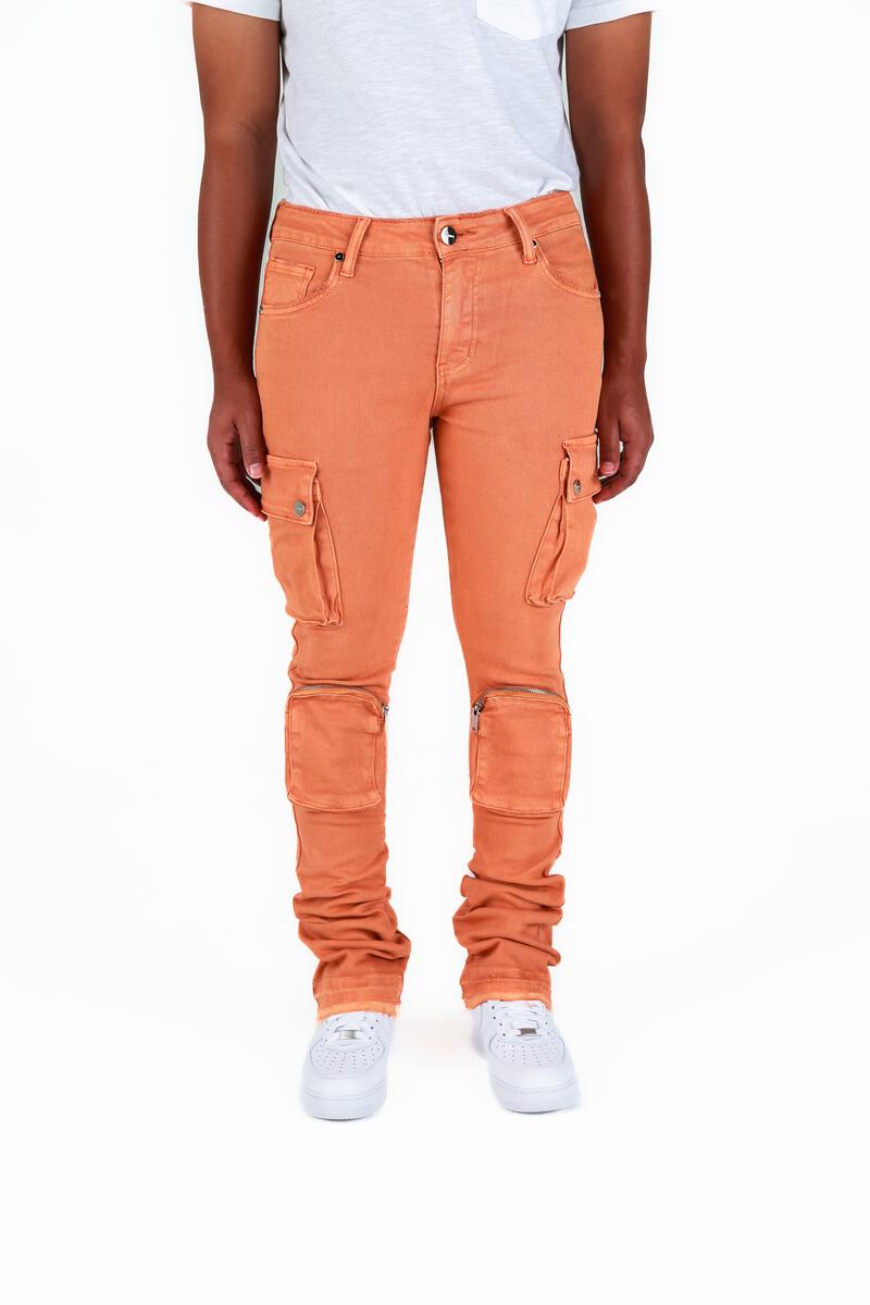 "NEVER LOOK BACK" SALMON CARGO FLARE STACK DENIM