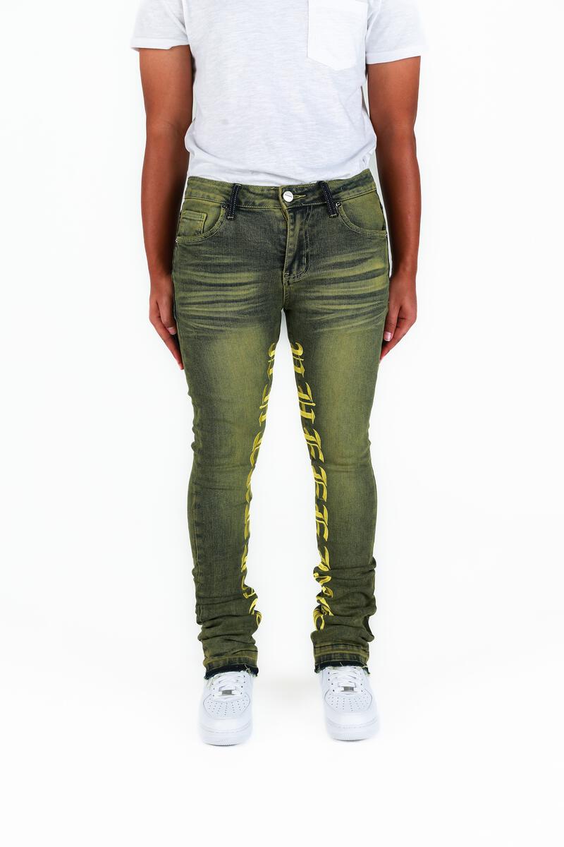 "AGAINST ALL ODDS" Green Flare Stack Denim