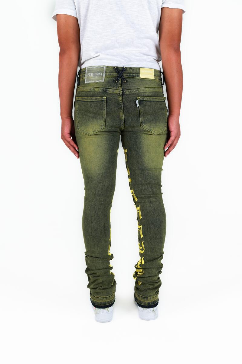 "AGAINST ALL ODDS" Green Flare Stack Denim
