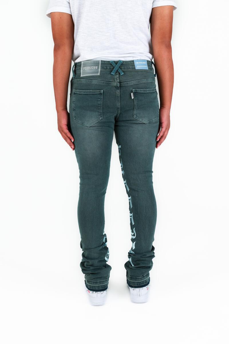 "AGAINST ALL ODDS" CHARCOAL BLUE FLARE STACK DENIM