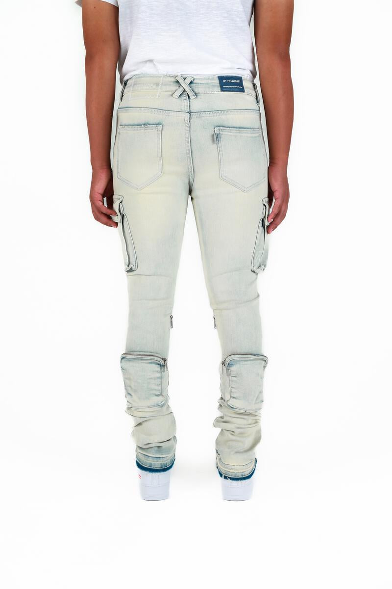 "NEVER LOOK BACK" SAND LIGHT BLUE CARGO FLARE STACK DENIM