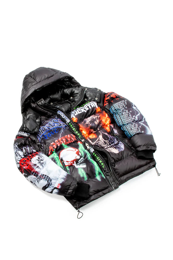 BLACK NASH GRAPHIC PRINT PUFFER JACKET