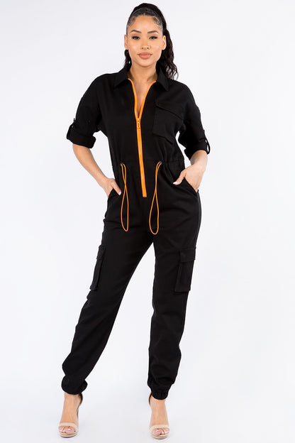 Zipped Front Utility Cargo Jumpsuits Black