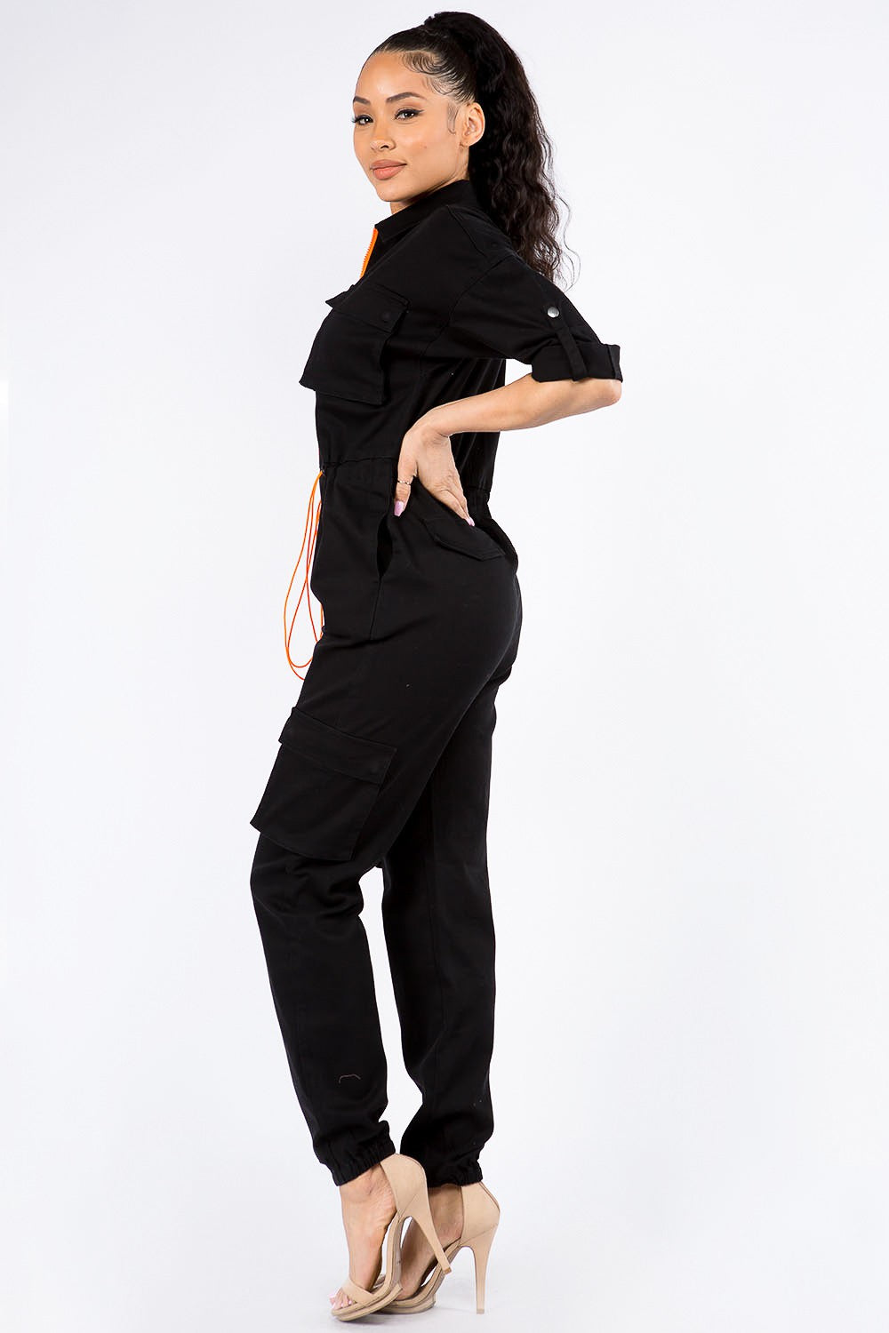Zipped Front Utility Cargo Jumpsuits Black