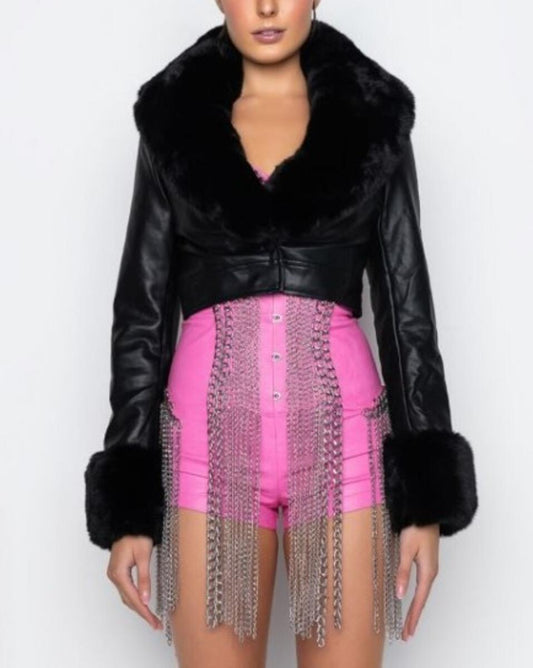 Crop biker jacket with fur