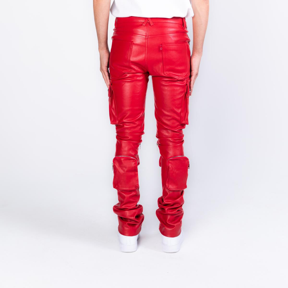 "NEVER LOOK BACK" RED CARGO FLARE STACK LEATHER PHEELINGS