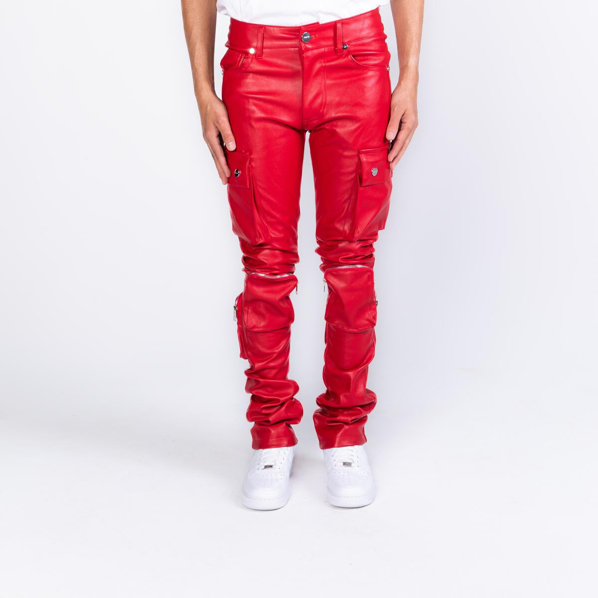 "NEVER LOOK BACK" RED CARGO FLARE STACK LEATHER PHEELINGS