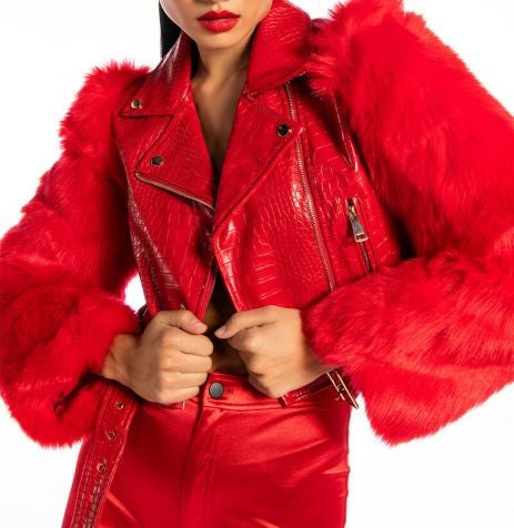 Red biker Jacket with fur hands