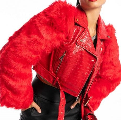 Red biker Jacket with fur hands